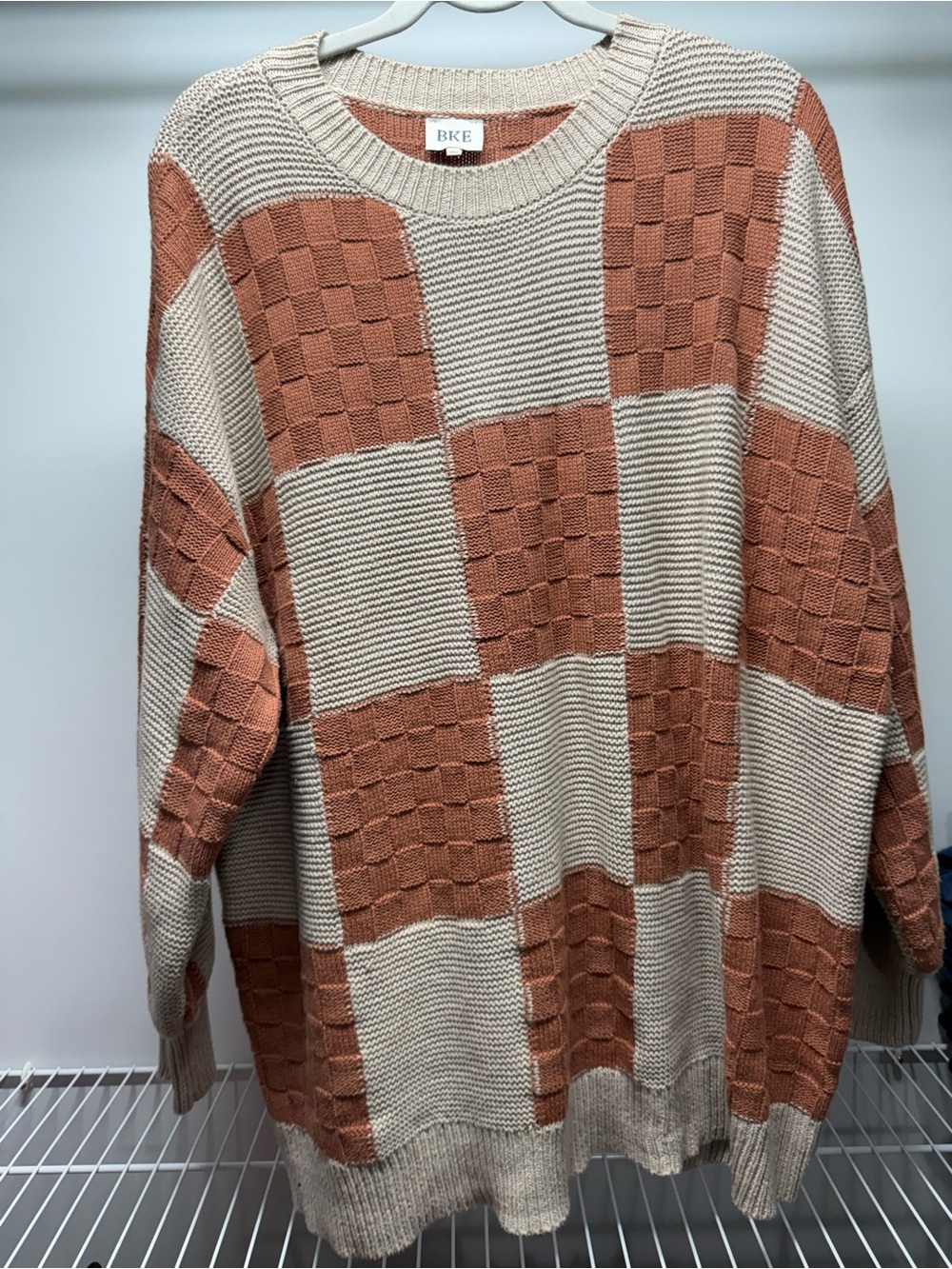 BKE Rust and Cream Checkerboard Crewneck Sweater